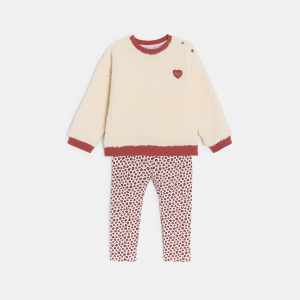 سويت شيرت بصوف الشيربا مع بنطلون (سروال) لاغينغ من الجيرسيه المطبوع وباللون البيج، للفتيات الصغار